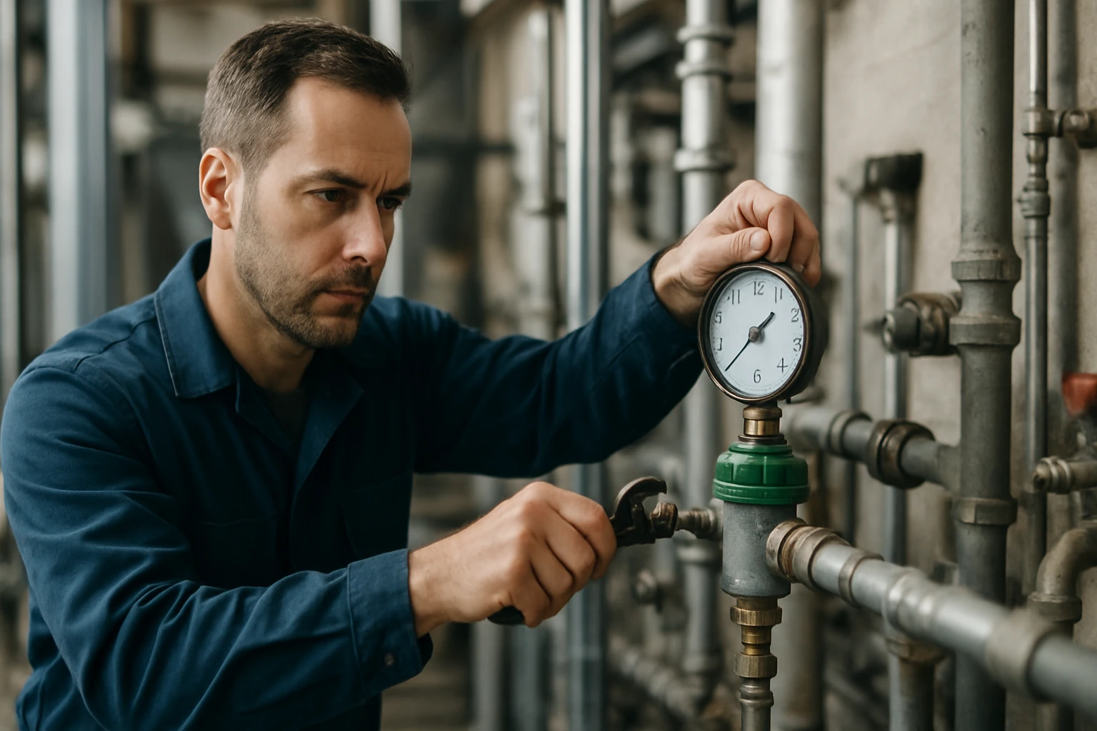 Technik kontroluje tlakový regulátor v priemyselnom prostredí.