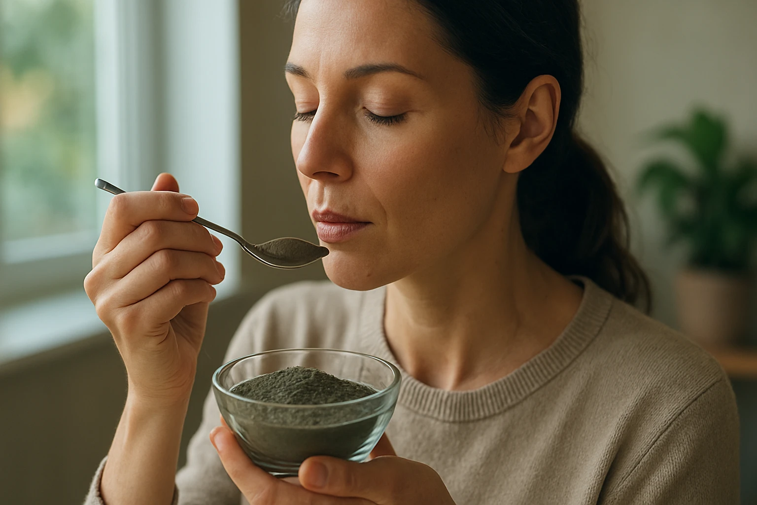 Žena práve konzumuje alginit na podporu zdravia.