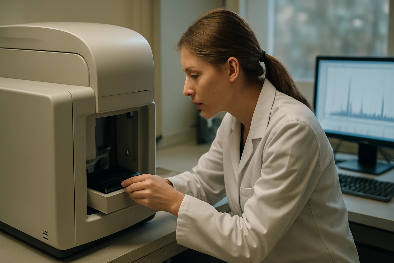 Vedec pracujúci s MALDI-TOF analyzátorom v laboratóriu.