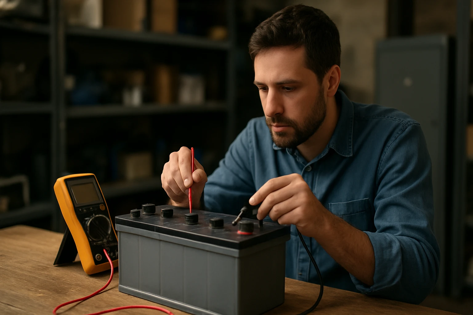 Muž meria hodnoty olovených batérií s multimetrom