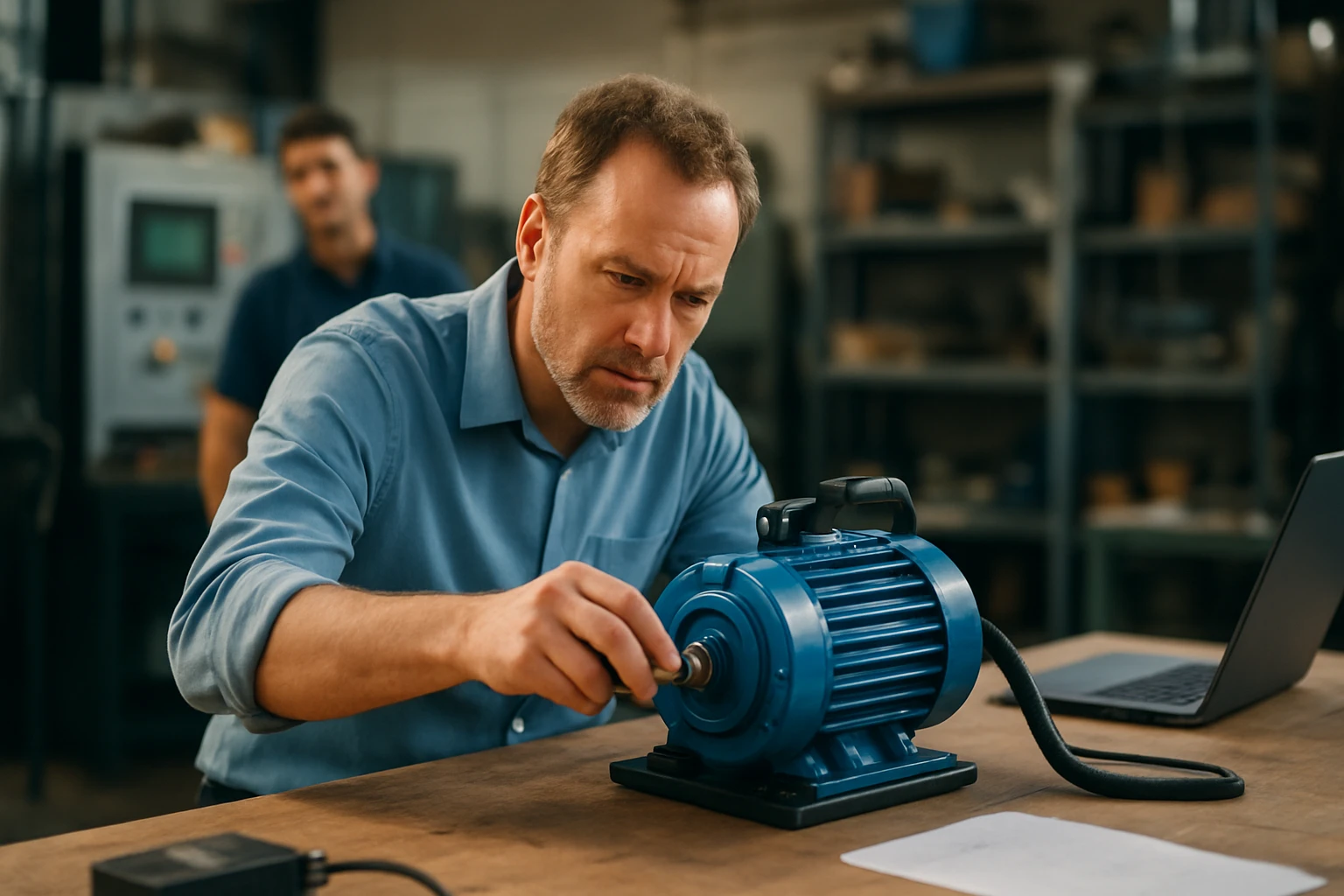 Technik pracuje na modrom vibromotore v priemyslenej dielni.