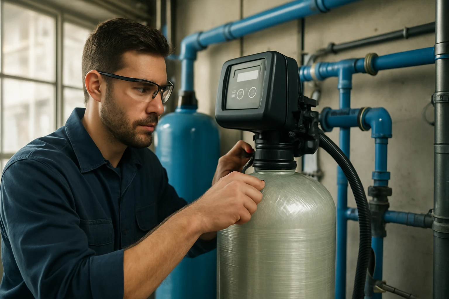 Technik inštaluje iónomenič na úpravu vody v priemyselnom prostredí.