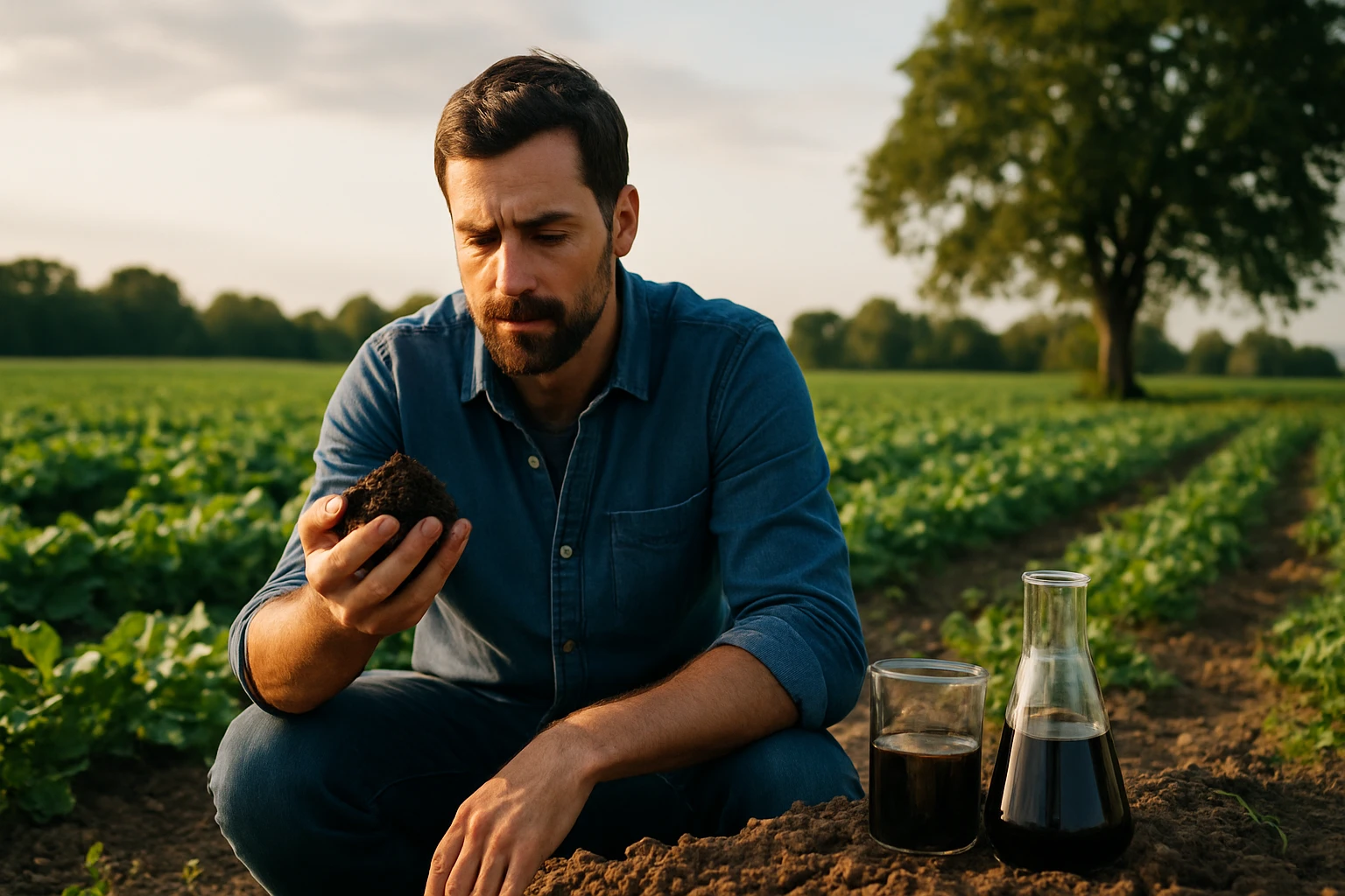 Muži skúmajúci pôdu a humínové kyseliny v zelenom poli