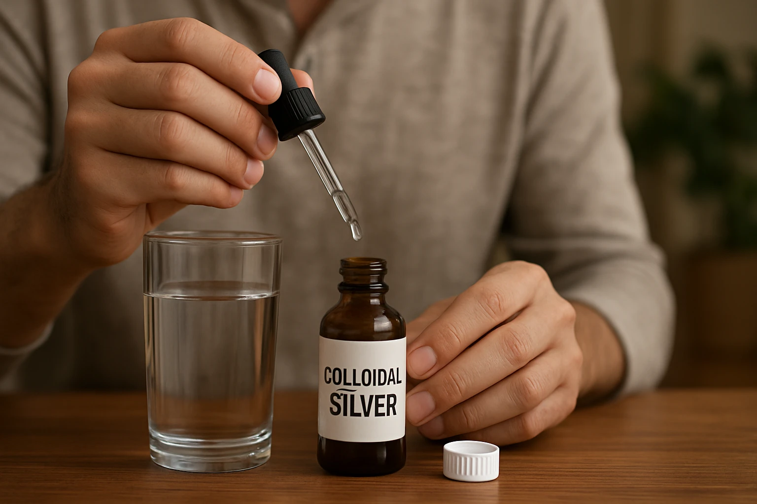 Osoba kvapká koloidné striebro do pohára s vodou.