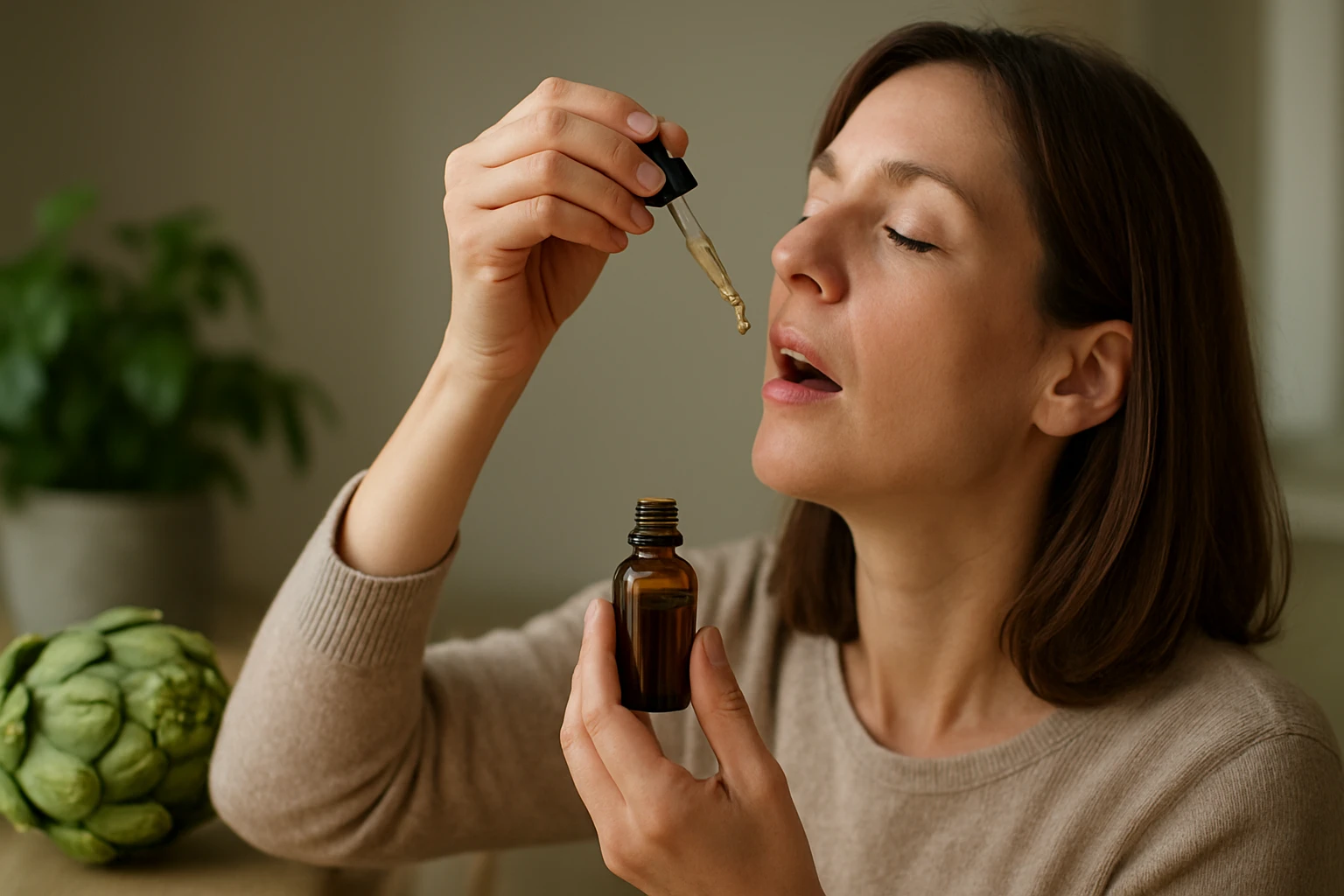 Žena užívajúca artičokové kvapky na podporu zdravia