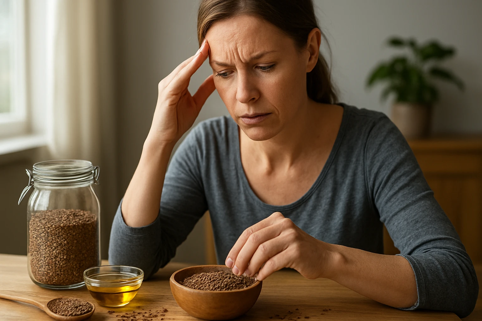 Žena s ťažkosťami pri konzumácii ľanových semienok a oleja.