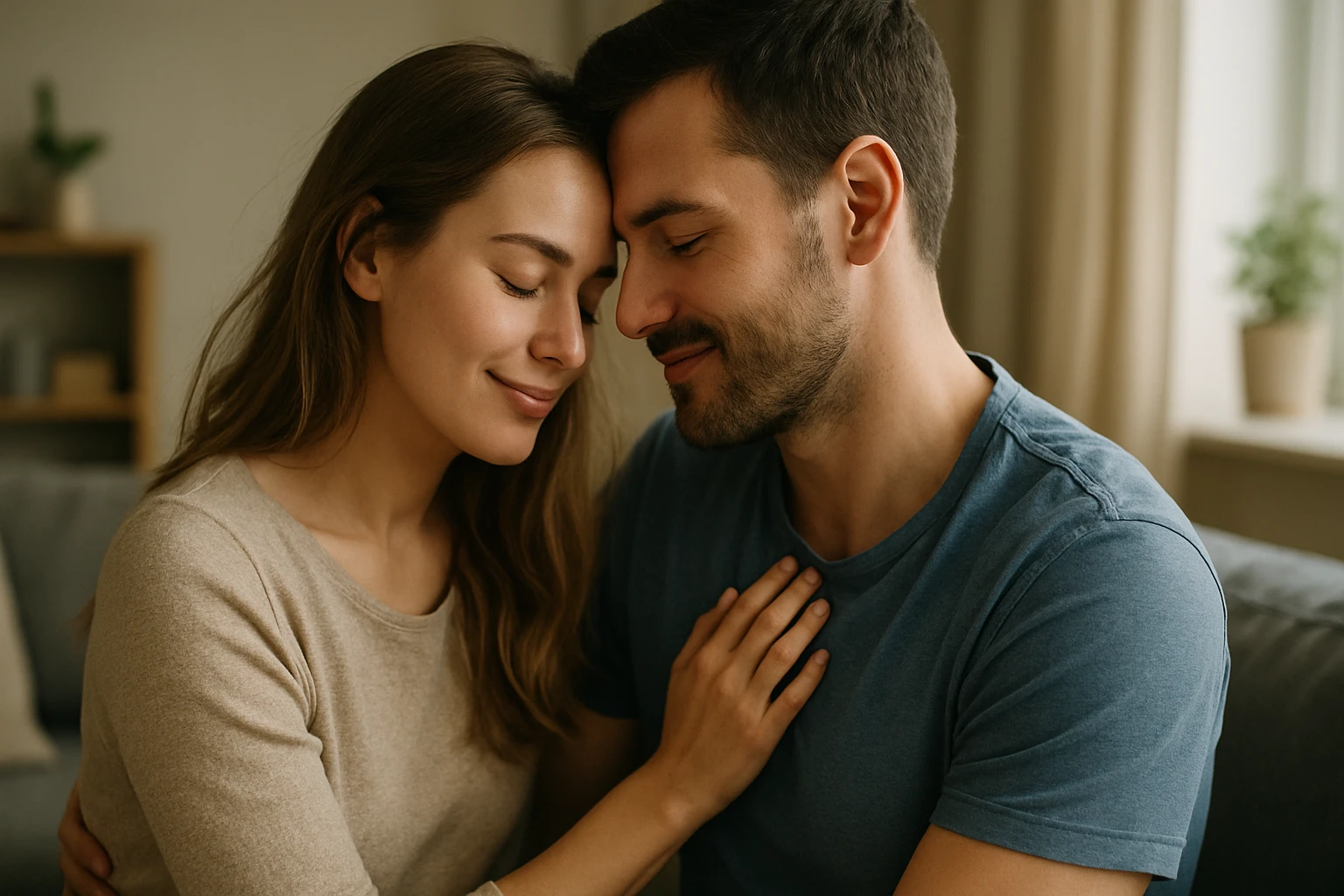 Pár vyžarujúci harmóniu a spokojnosť v intímnom vzťahu.