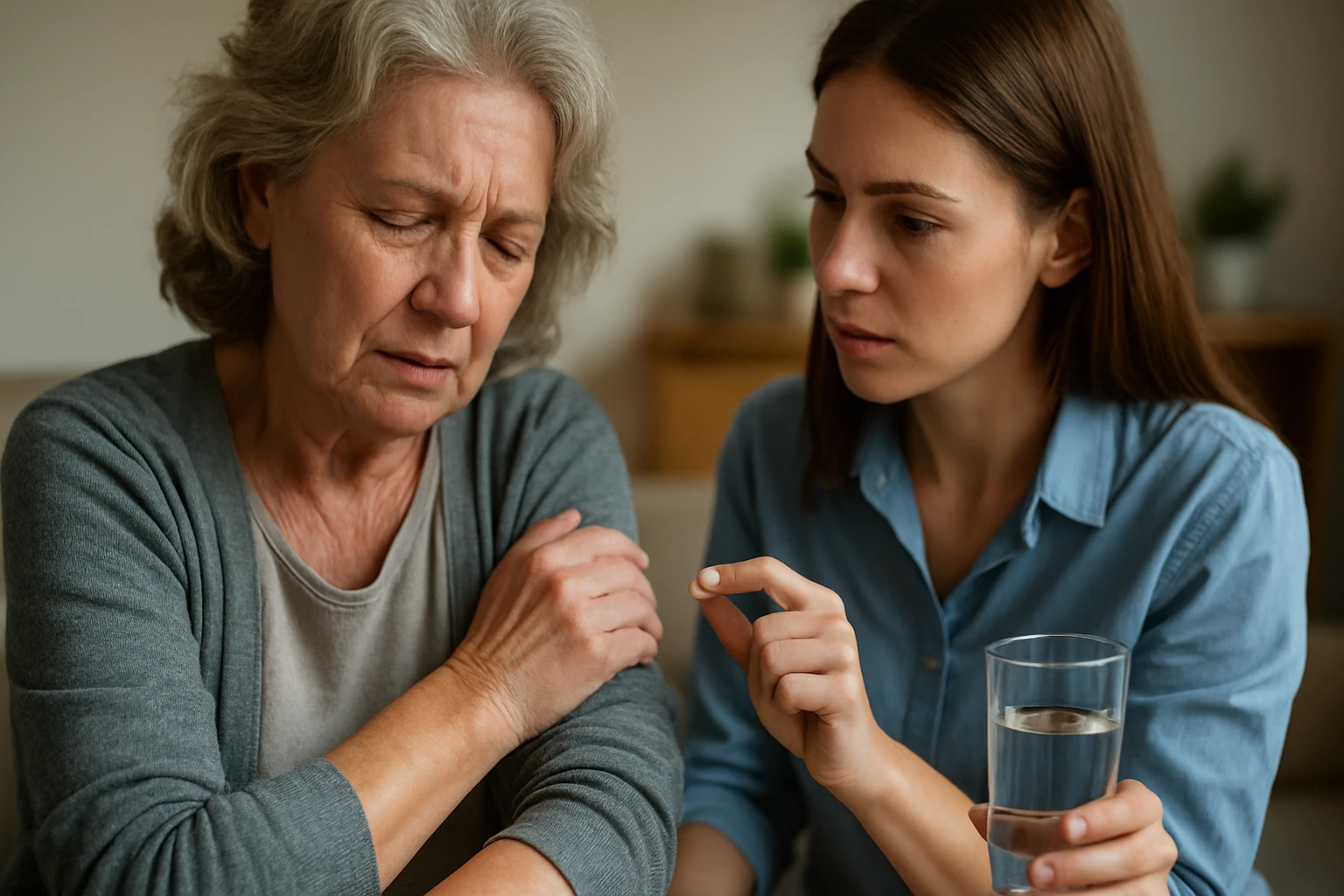 Žena podáva aspirín staršej žene, ktorá trpí bolesťou.