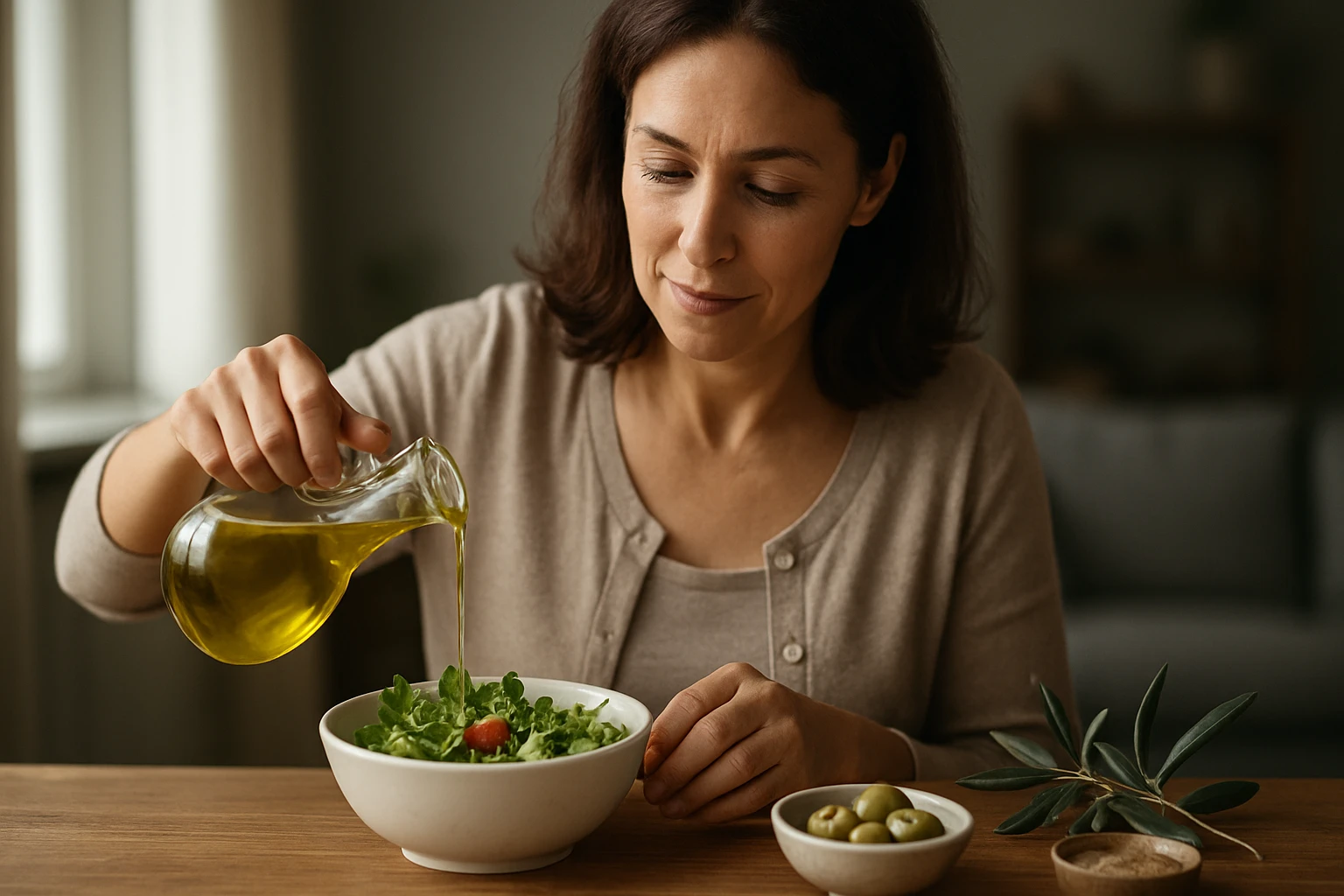 Žena nalejajúca olivový olej do čerstvého šalátu na stole.