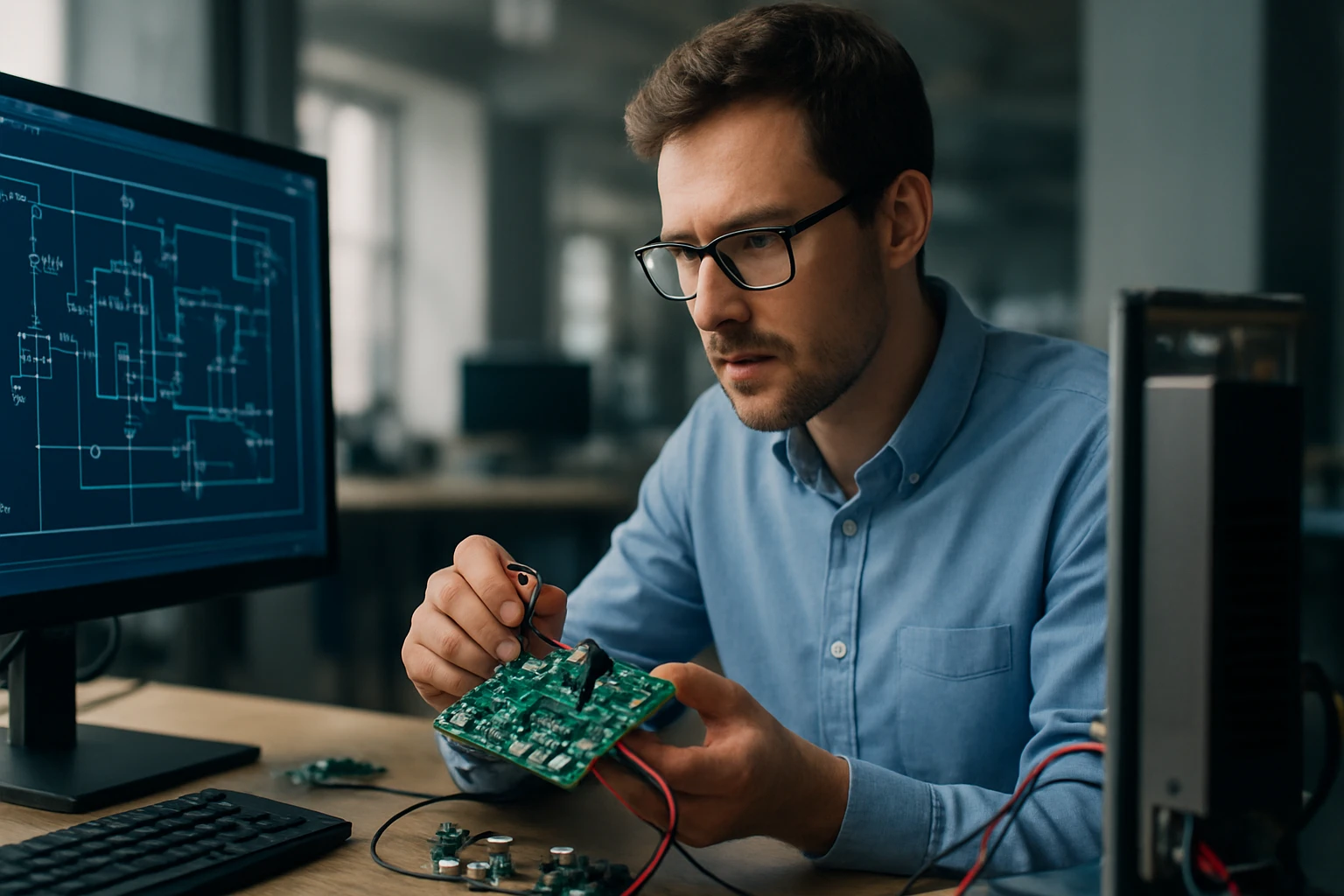 Muž testuje elektrickú dosku v laboratóriu moderných technológií.
