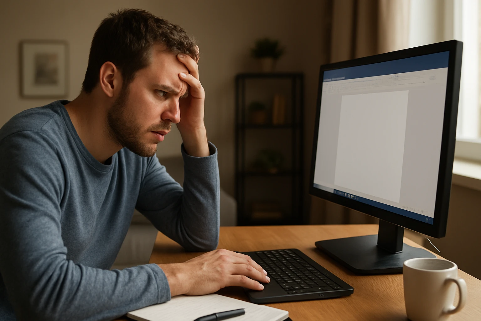 Muž so stresom pri zamrznutom Microsoft Word na počítači.