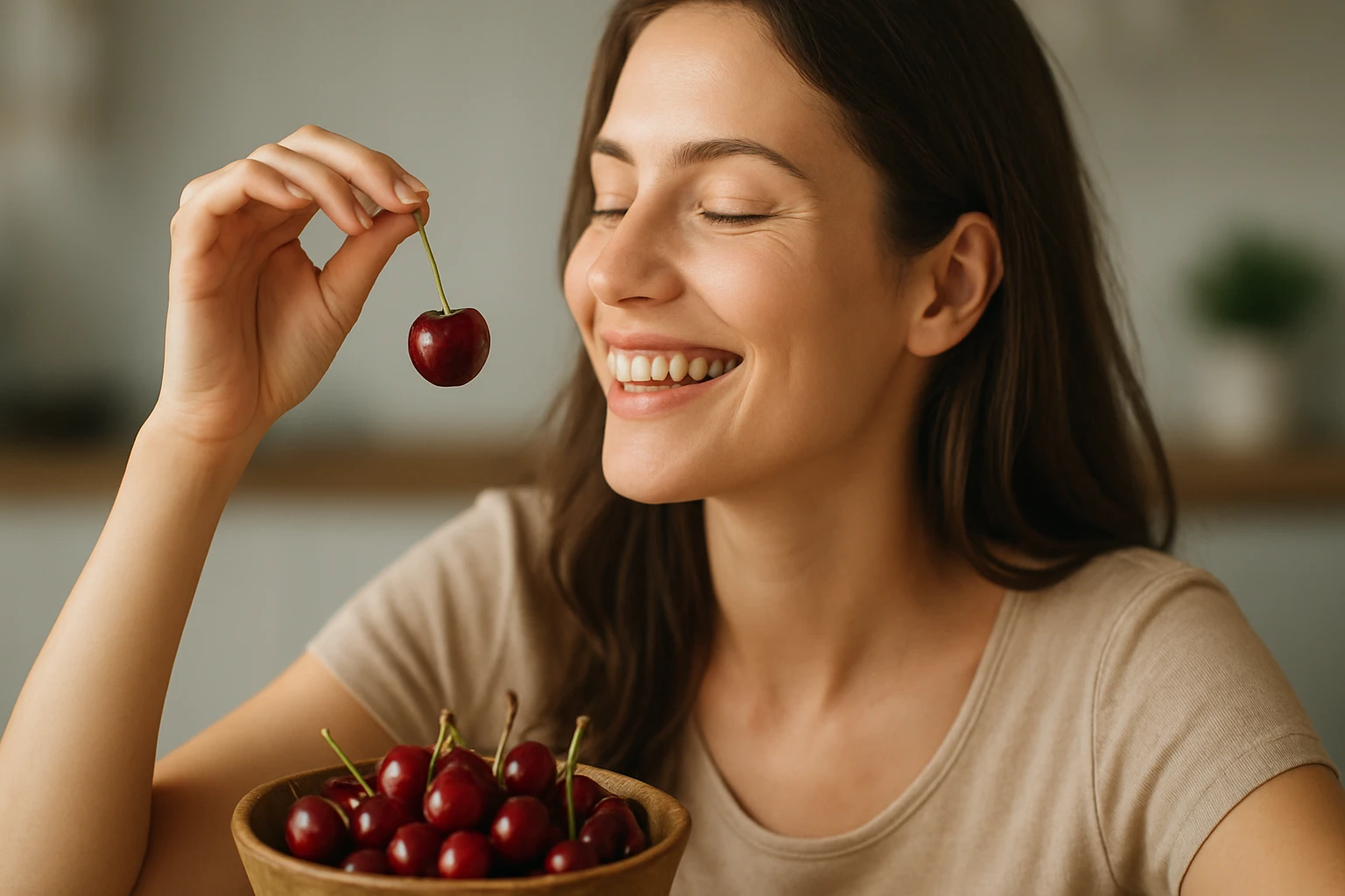 Žena sa smeje a drží višňu nad mísou plnou višní.