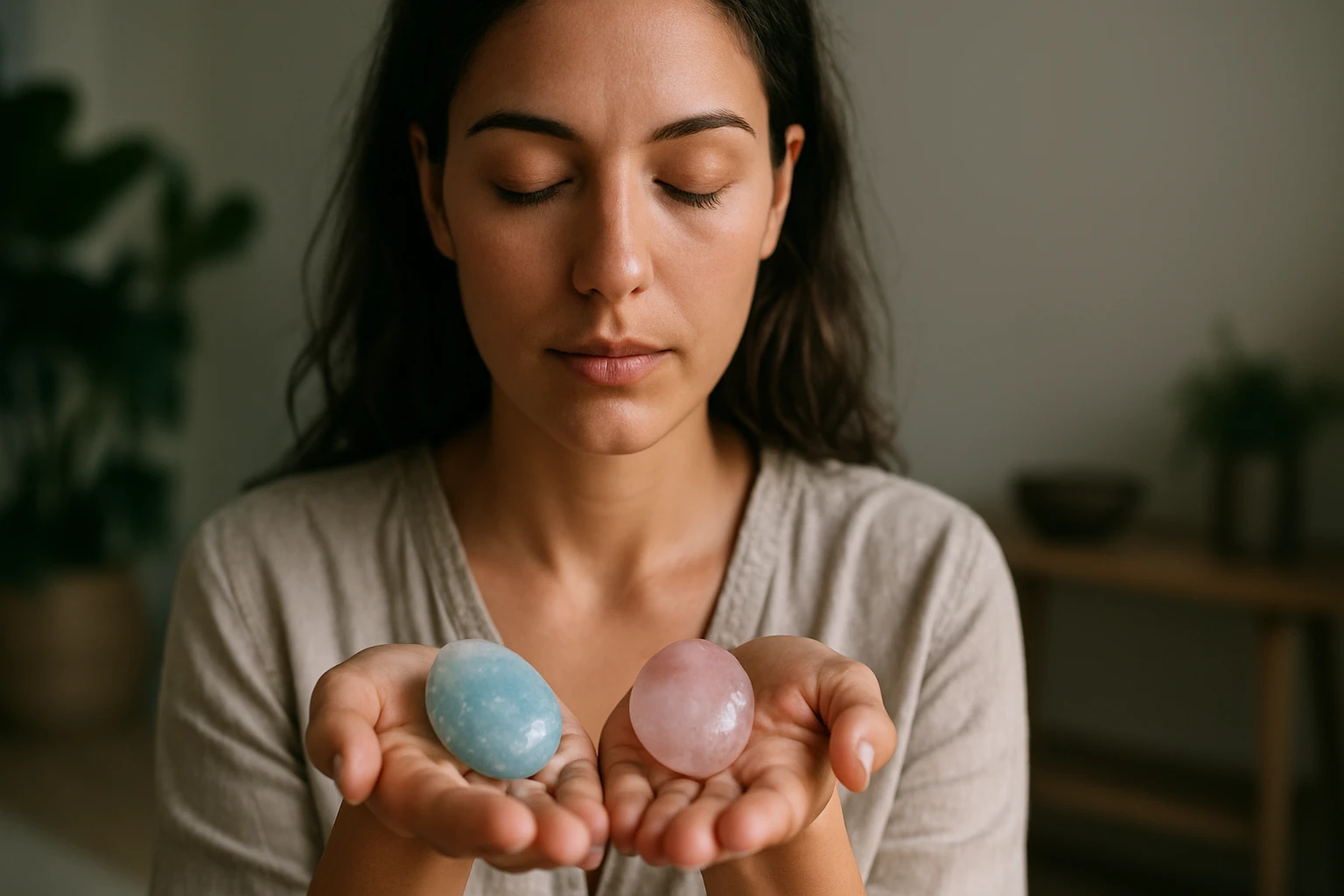 Žena drží akvamarín a morganit v dlaniach, zamyslená