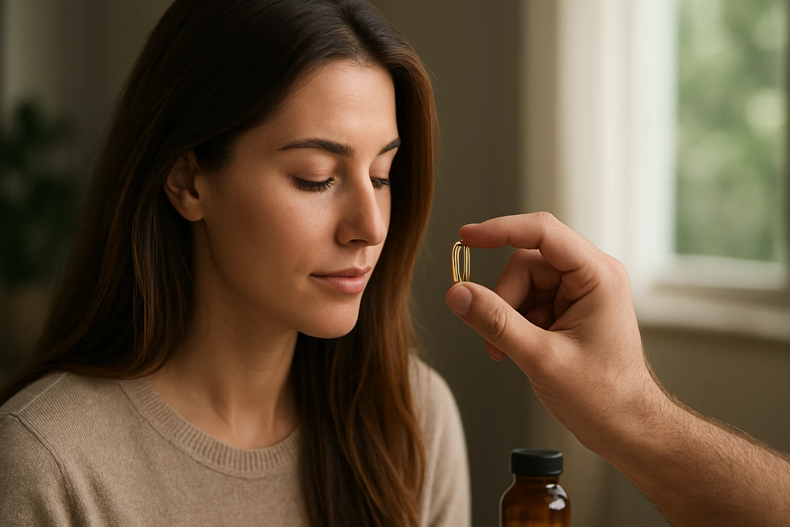 Žena sa pripravuje na užitie biotínu pre podporu rastu vlasov.