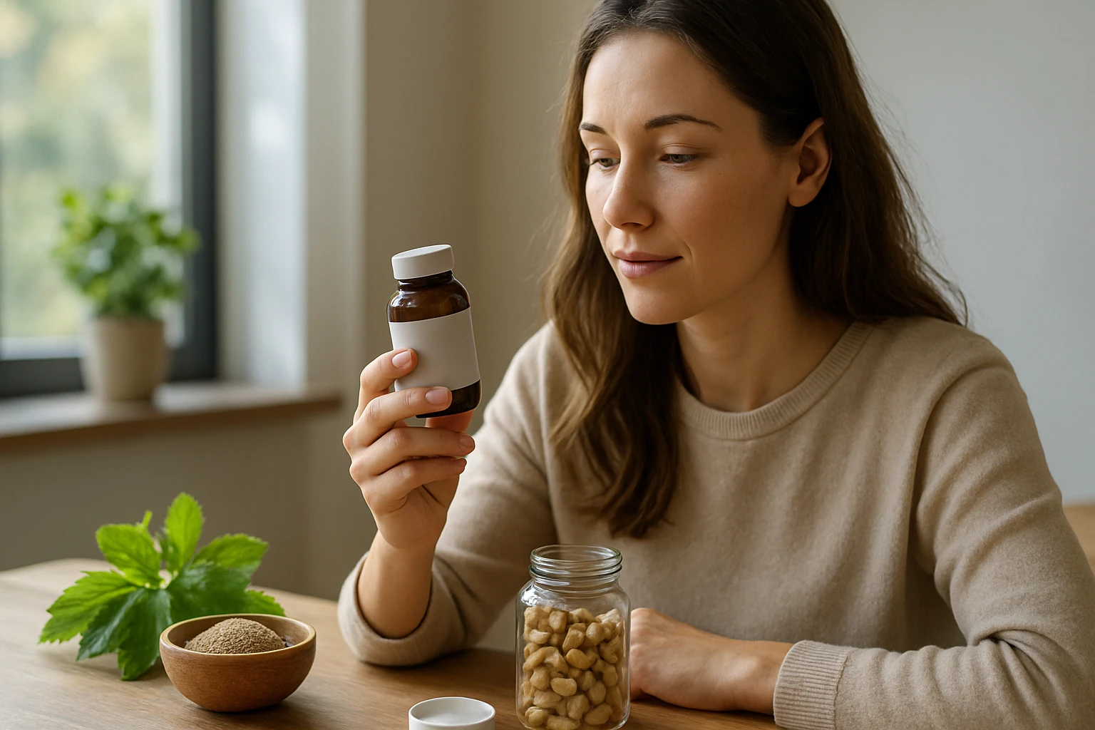 Žena sa zaujíma o fľašu s doplnkom stravy na báze forskolínu.