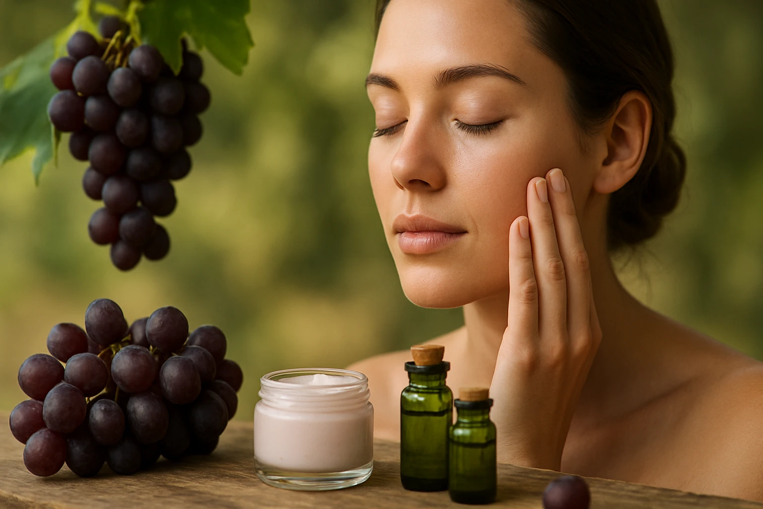 Žena s pleťovou starostlivosťou s výťažkom z hrozna.