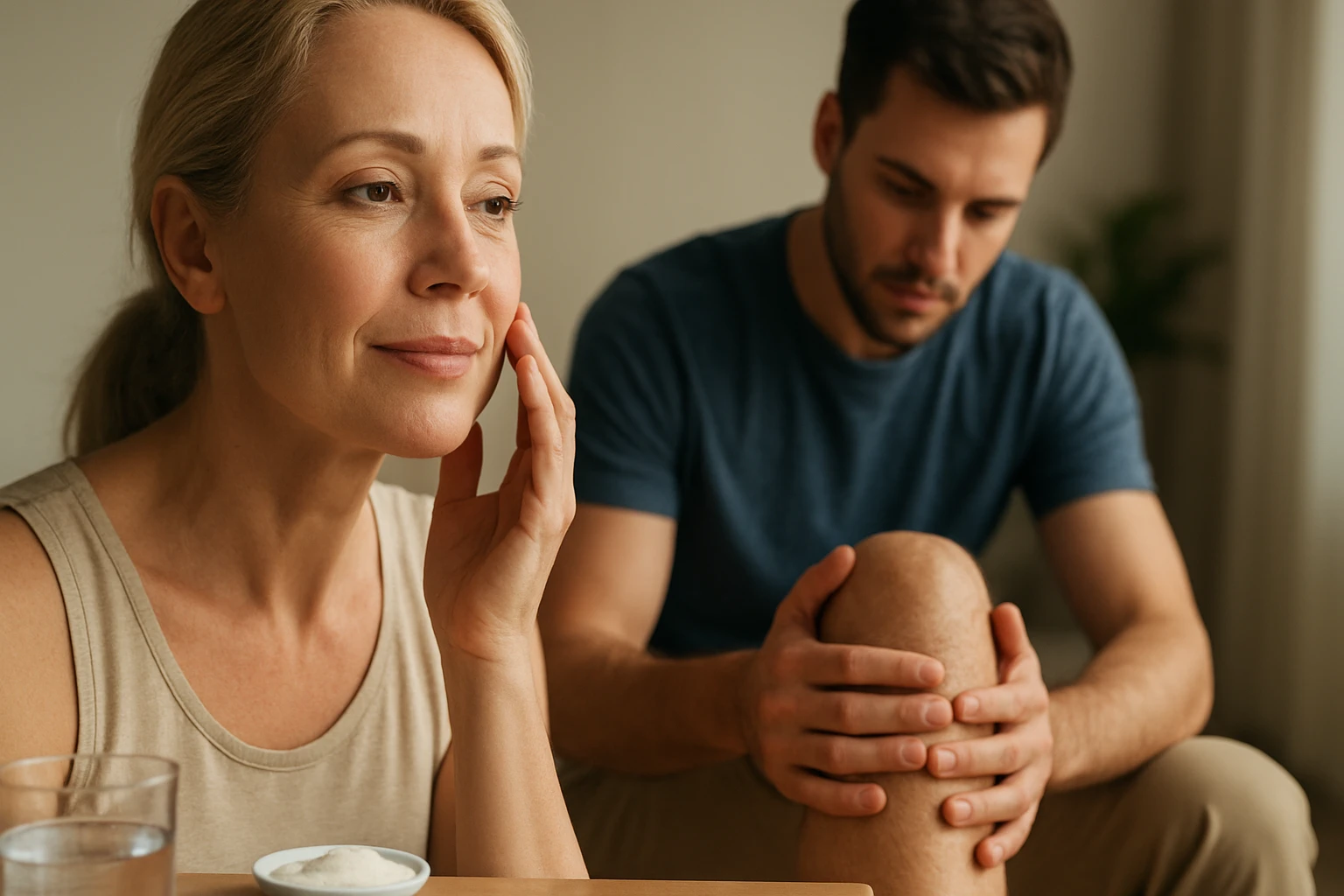 Žena sa dotýka pleti, zatiaľ čo muž si drží koleno.