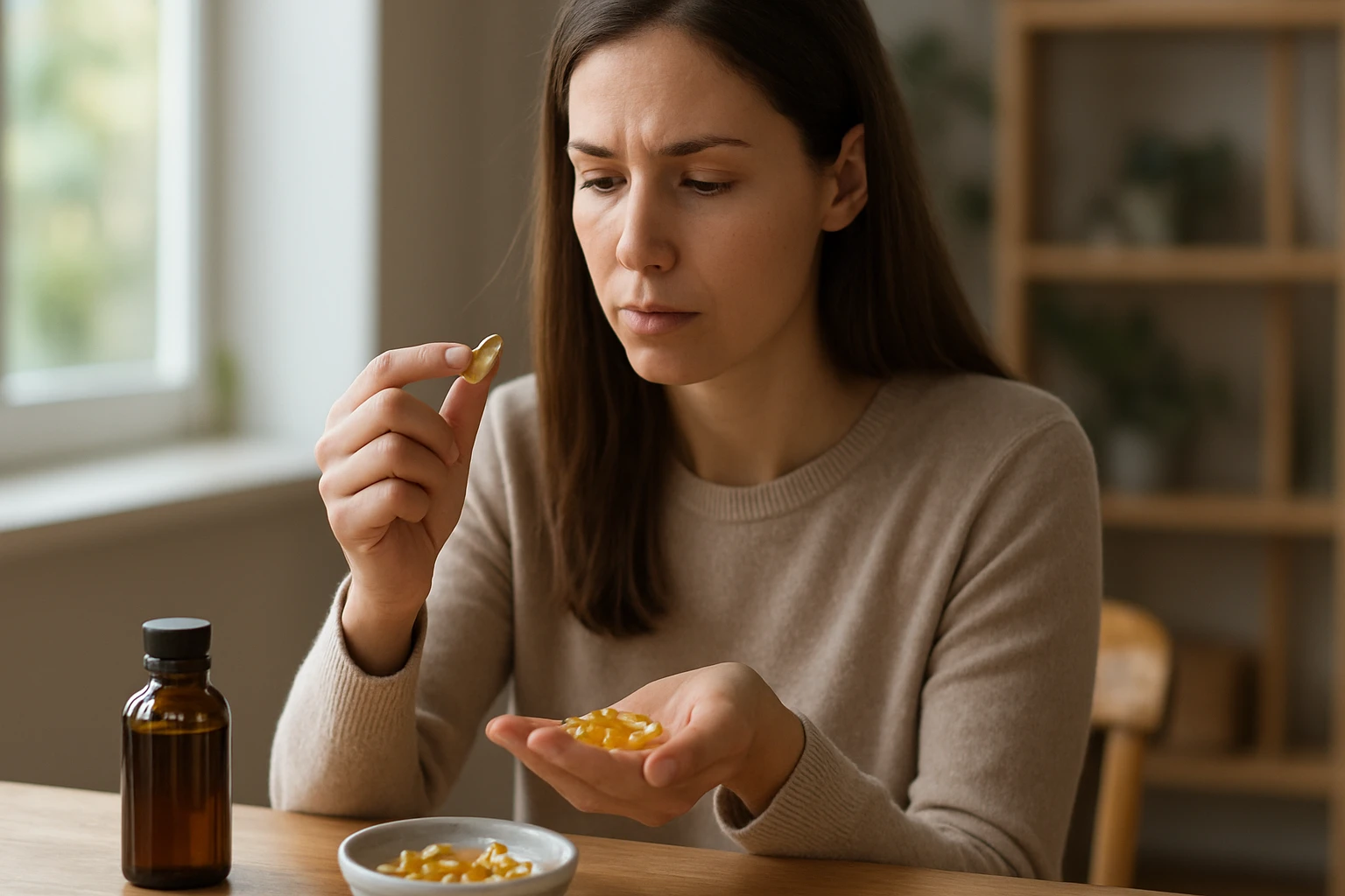 Žena skúma prírodné liečivo s prekvapením na tvári.