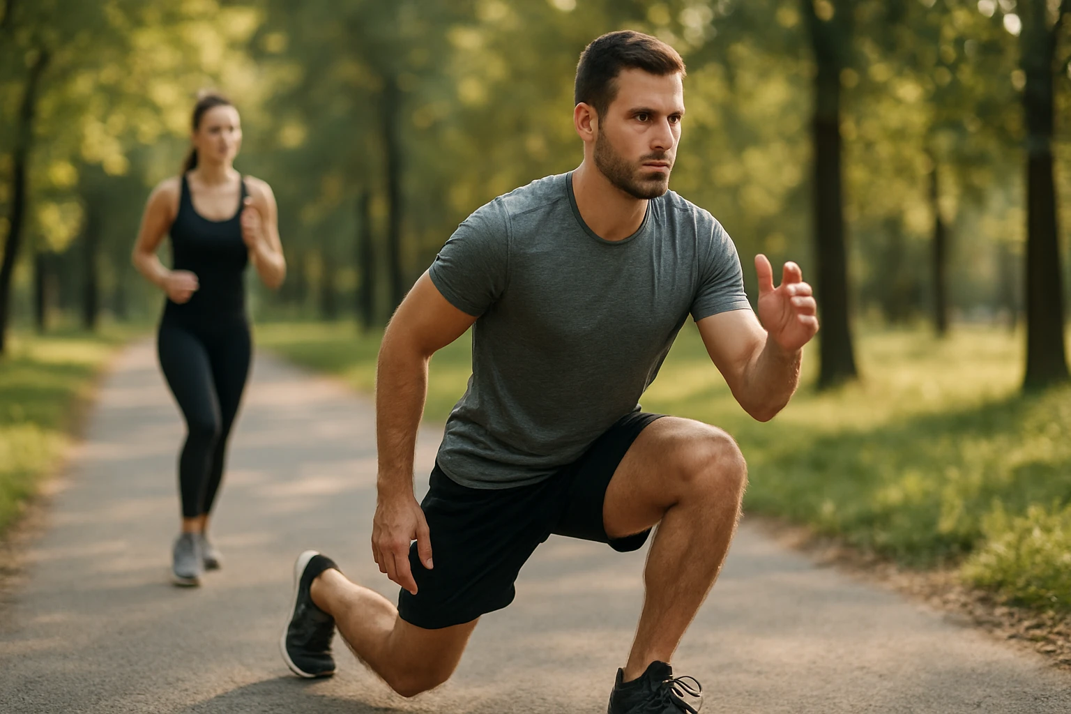 Muž vykonávajúci dynamické cvičenie na bežeckej ceste.