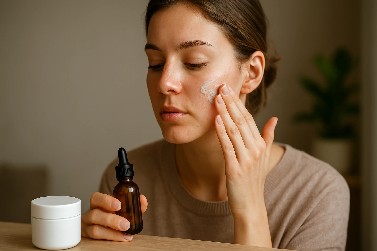 Žena nanáša krém na tvár s použitím prírodných metód na omladenie pokožky.