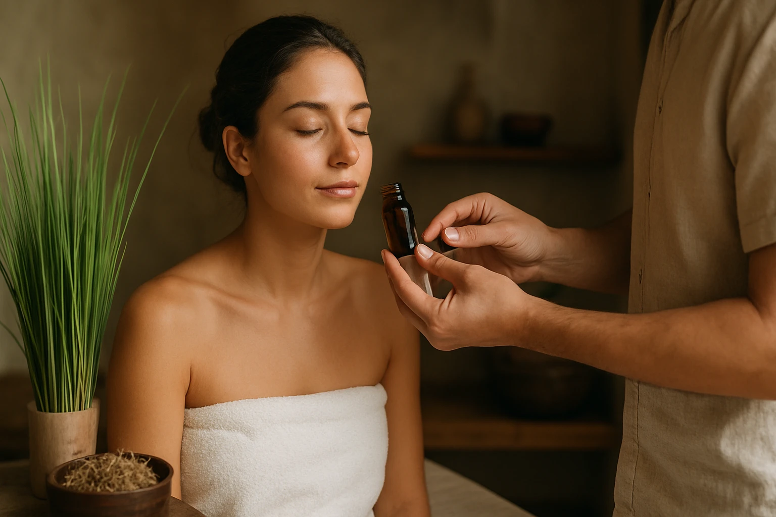 Žena v wellness centre na aromaterapii s olejom vetiveru.