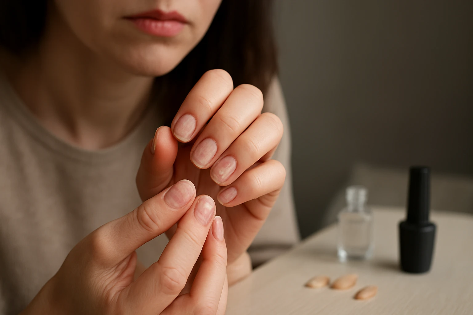 Žena s gélovým lakom kontroluje svoje nechty.