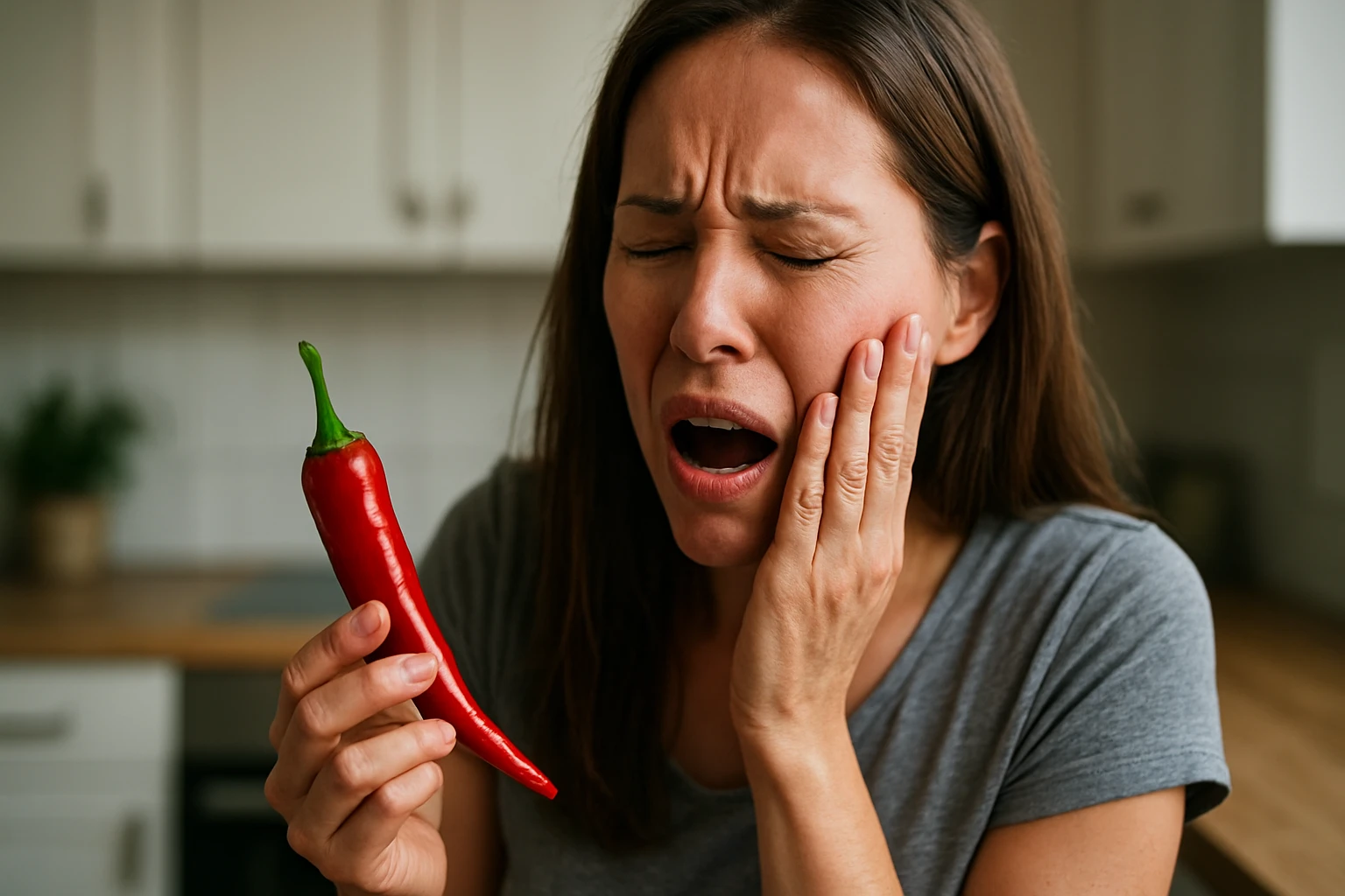 Žena s štipľavou paprikou zažíva bolest a nepohodlie.