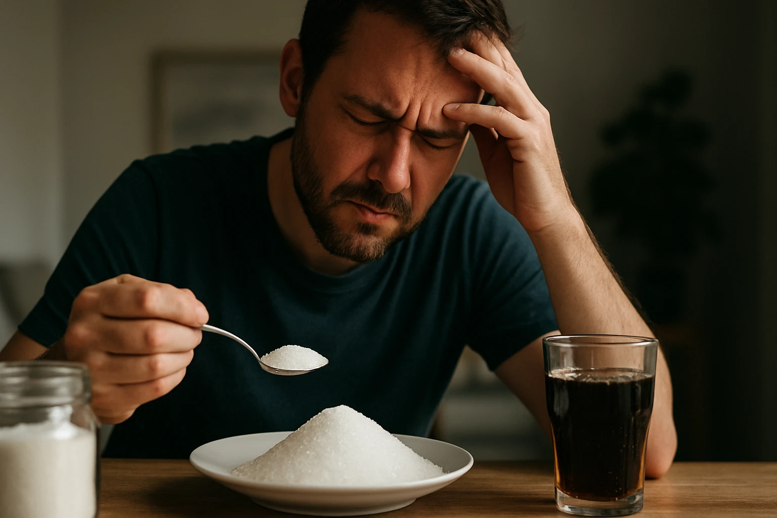 Muž skúma účinky cukru s tanierom cukru a nápojom vedľa seba
