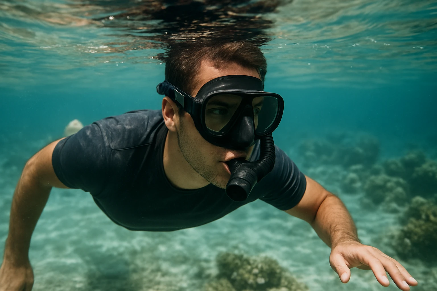Muž šnorchluje pod vodou a objavuje morský svet.