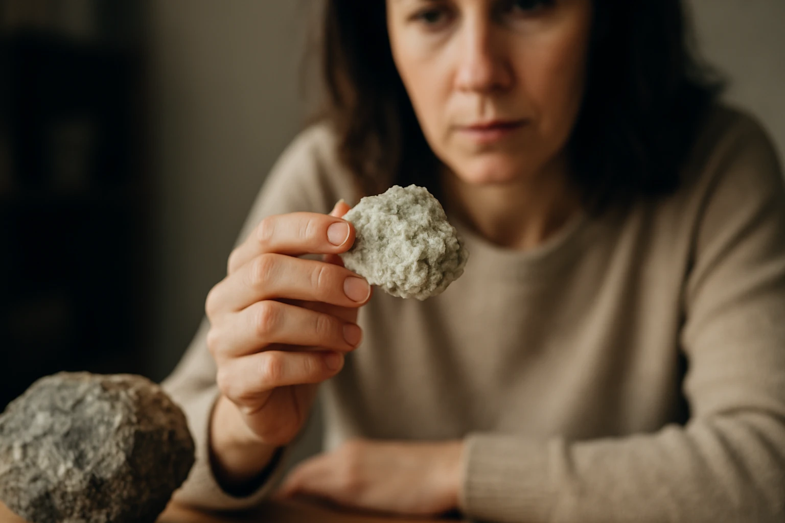 Žena skúma minerál pazúrik v ruke s dôrazom na jeho jedinečné vlastnosti.