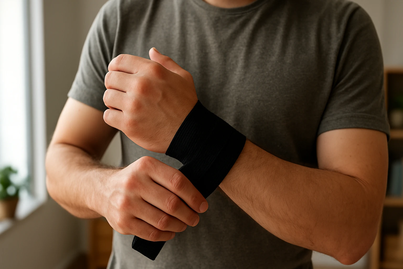 Muž si navlečie čierny zápästný obväz na ruku.