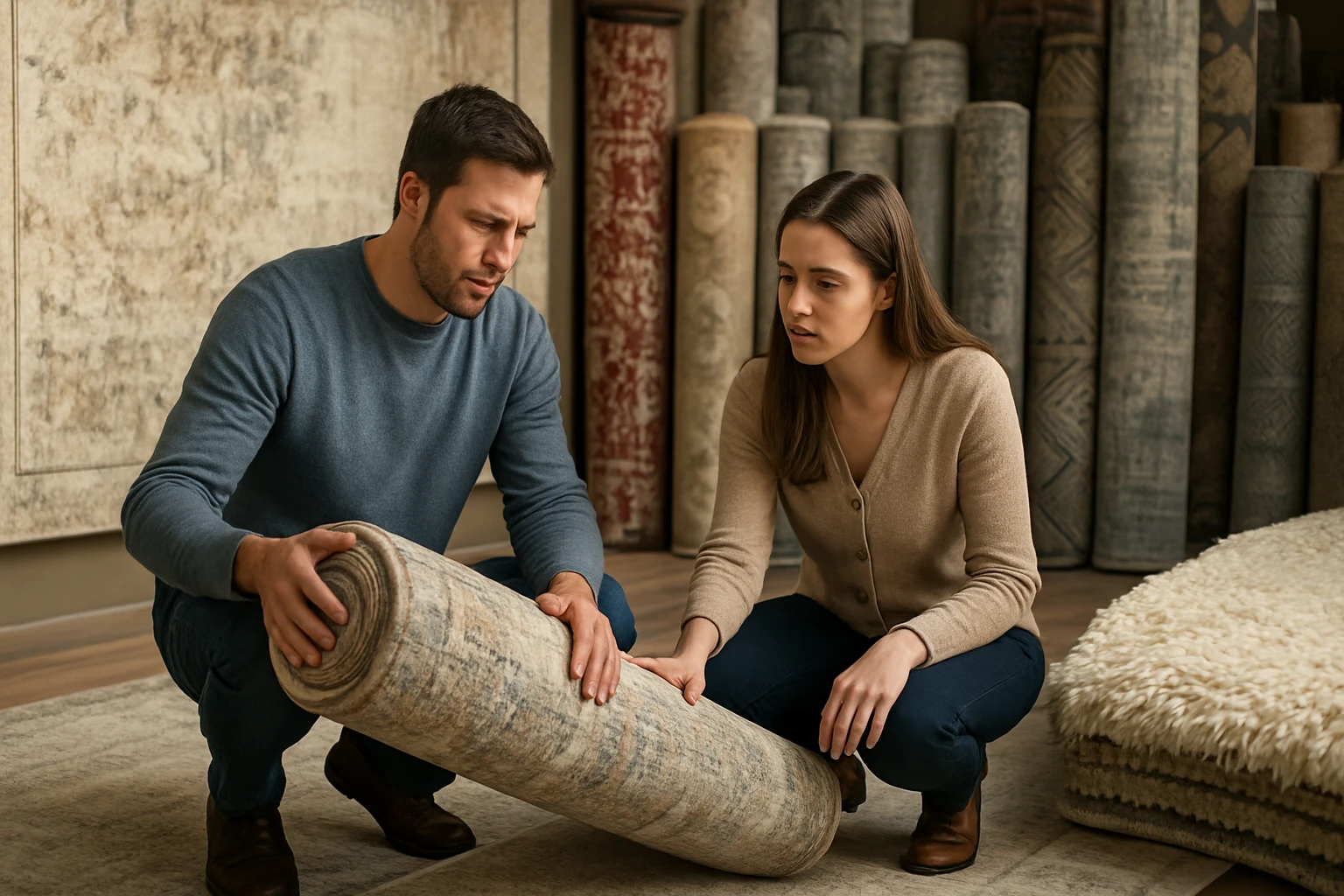 Pár vyberajúci koberec v predajni s rôznymi vzormi.