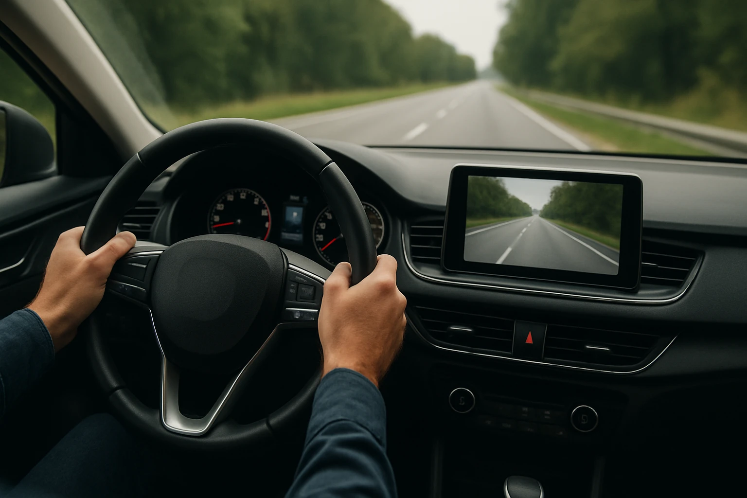 Ručné ovládanie volantu v aute s navigačným displejom.