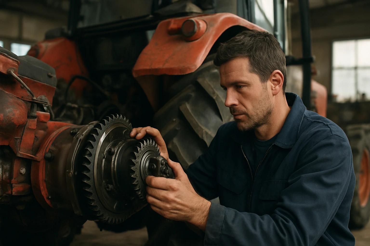 Mechanik kontroluje diferenciál traktora MTZ pre zlepšenie výkonu.