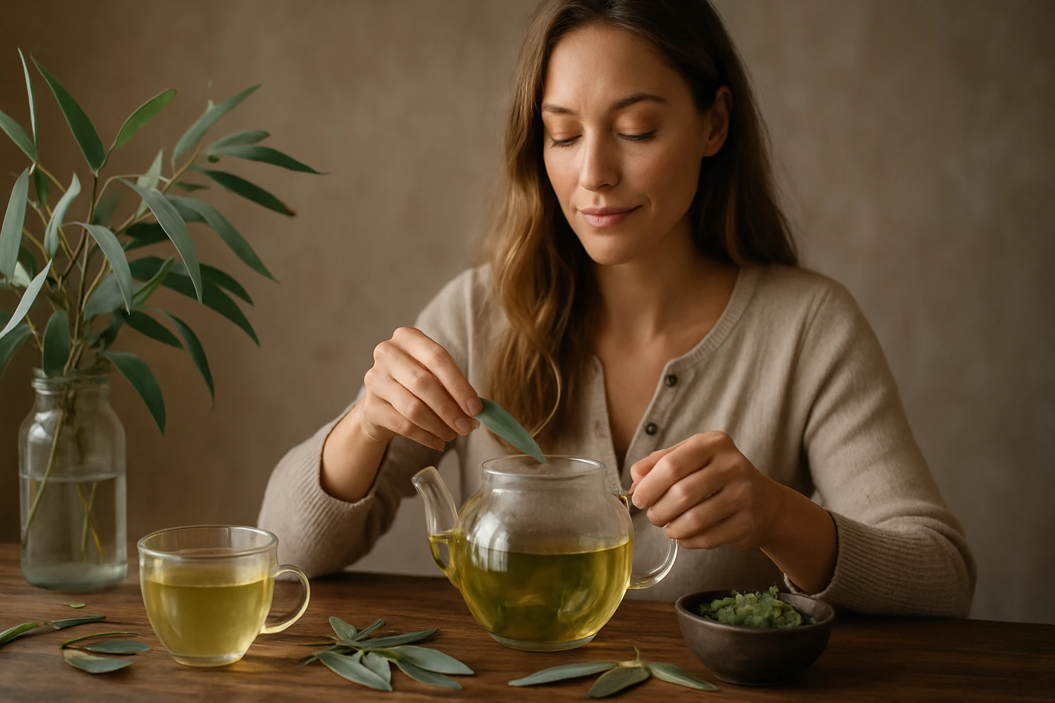 Žena pripravuje eukalyptový čaj s použitím čerstvých lístkov eukalyptu.