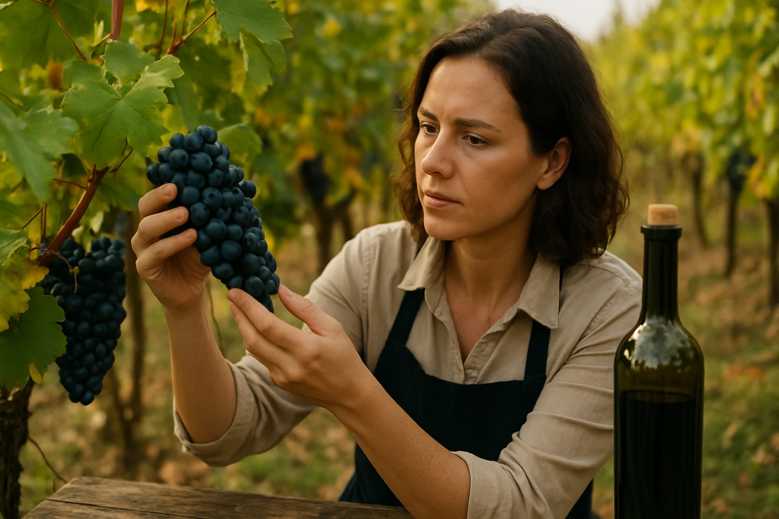Žena skúma hrozno v vinici, pripravuje sa na zber