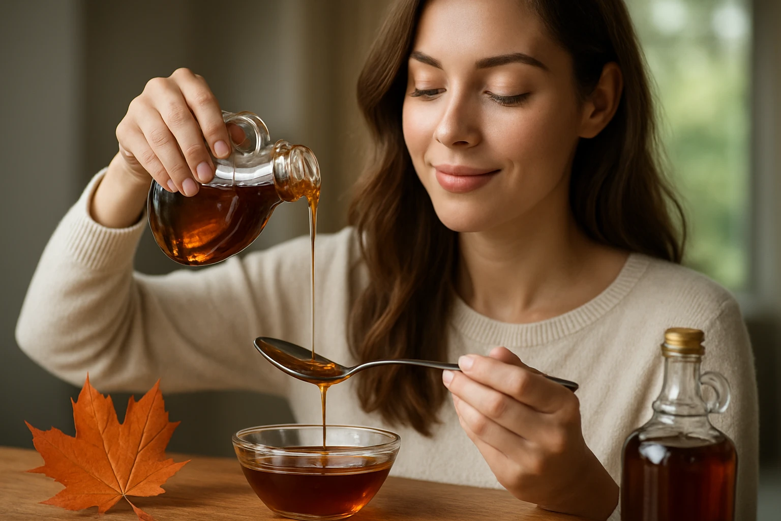 Žena nalievajúca javorový sirup do misky so spokojnosťou na tvári.
