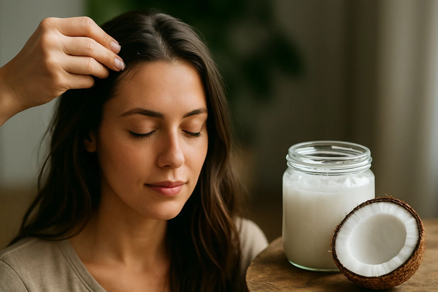 Žena si nanáša kokosový olej na vlasy pre zdravšie a krajšie vlasy.