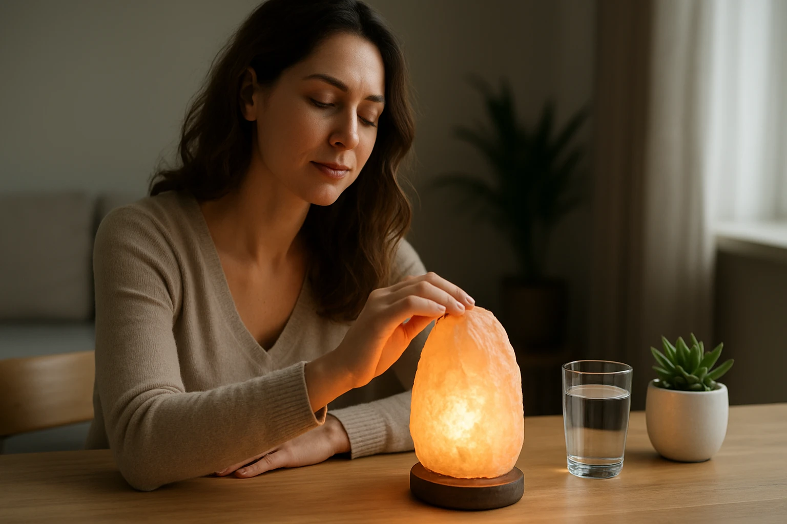 Žena sa dotýka kremennej lampy pri stole s vodou a rastlinou