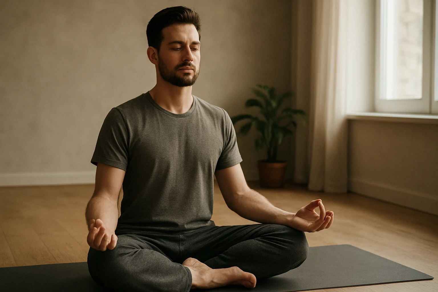 Muž v lotosovom sede počas meditácie na joga podložke.