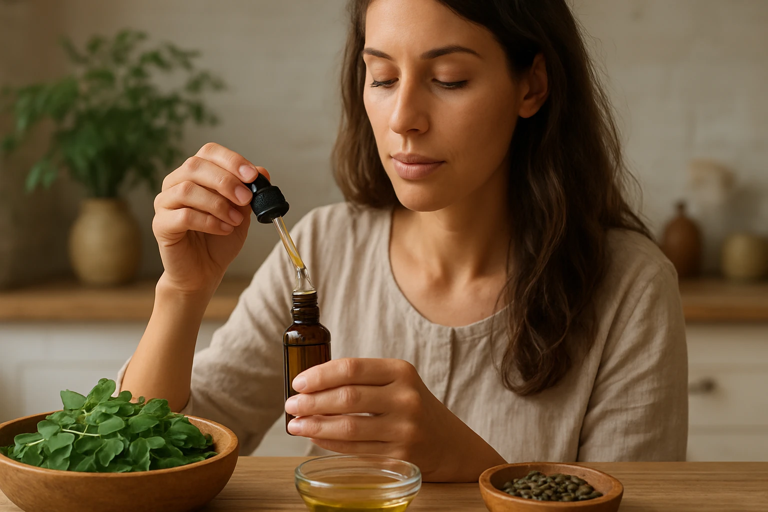 Žena používa moringový olej s pipetou v prírodnom prostredí.