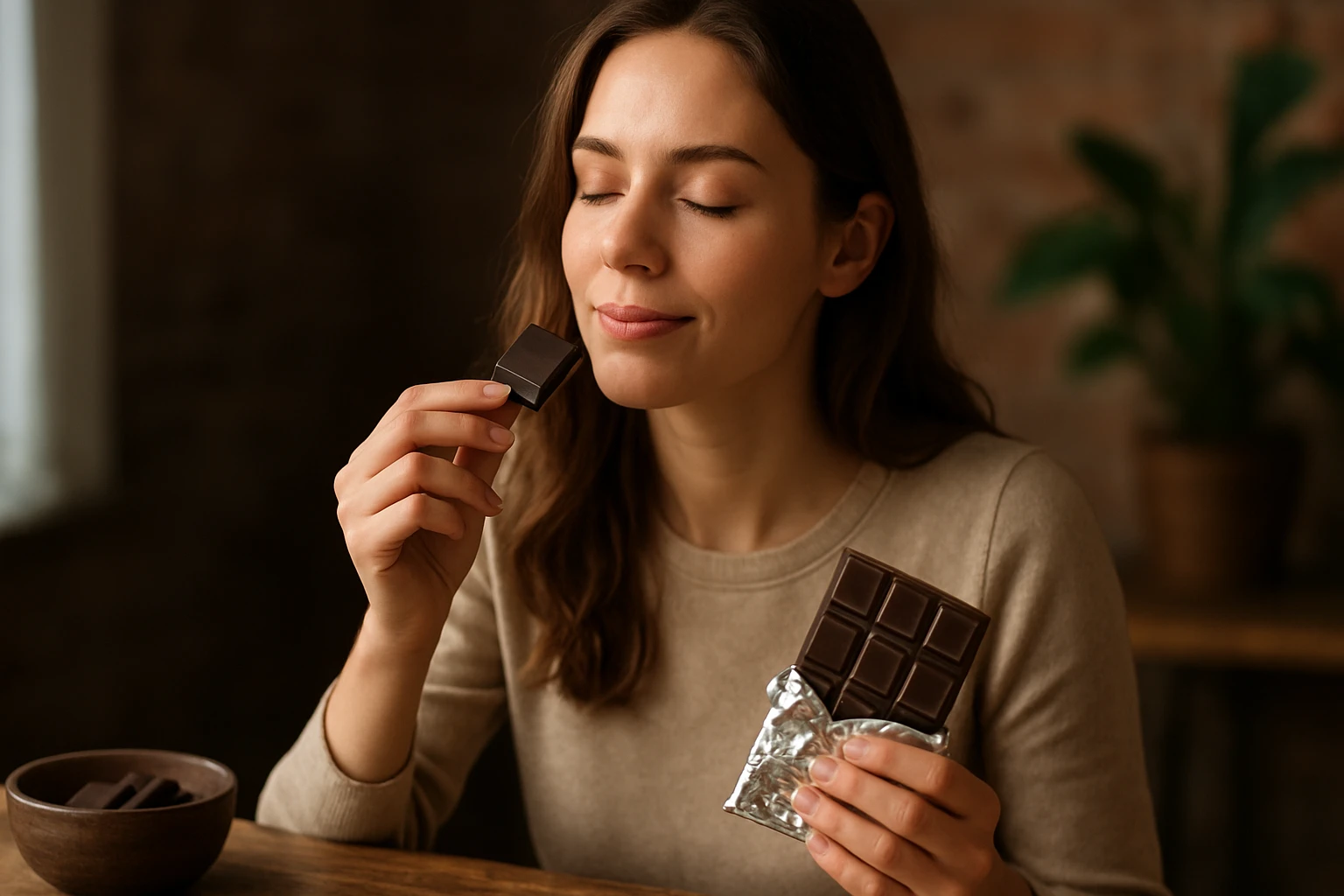 Žena si vychutnáva kúsok tmavej čokolády s úsmevom.