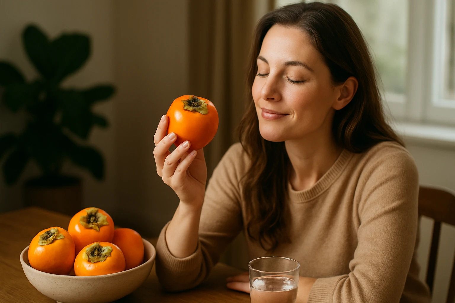 Žena s ovocím Sharon, šťastná a šíriaca pohodu.