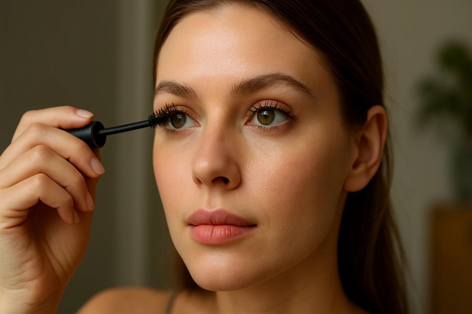 Žena nanášajúca riasenku pre zvýraznenie očí