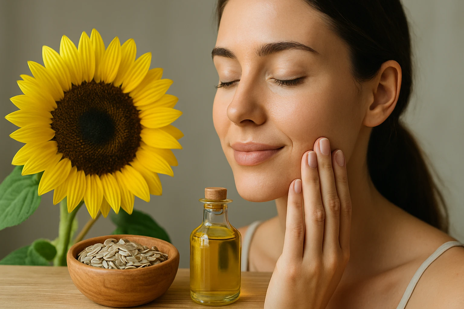 Žena sa stará o pleť so slnečnicovými semienkami a olejom.