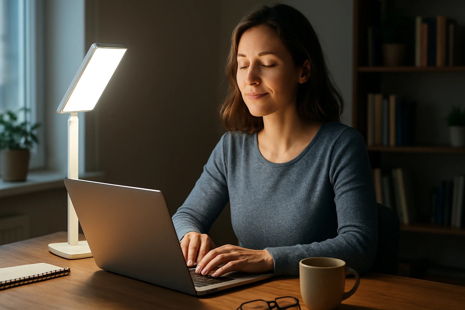 Žena pracuje na notebooku s syntetickým denným svetlom.