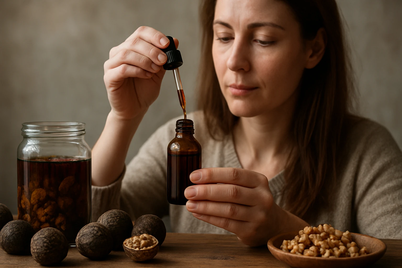 Žena pripravuje tinktúru z čierneho orecha na prírodnú liečbu.