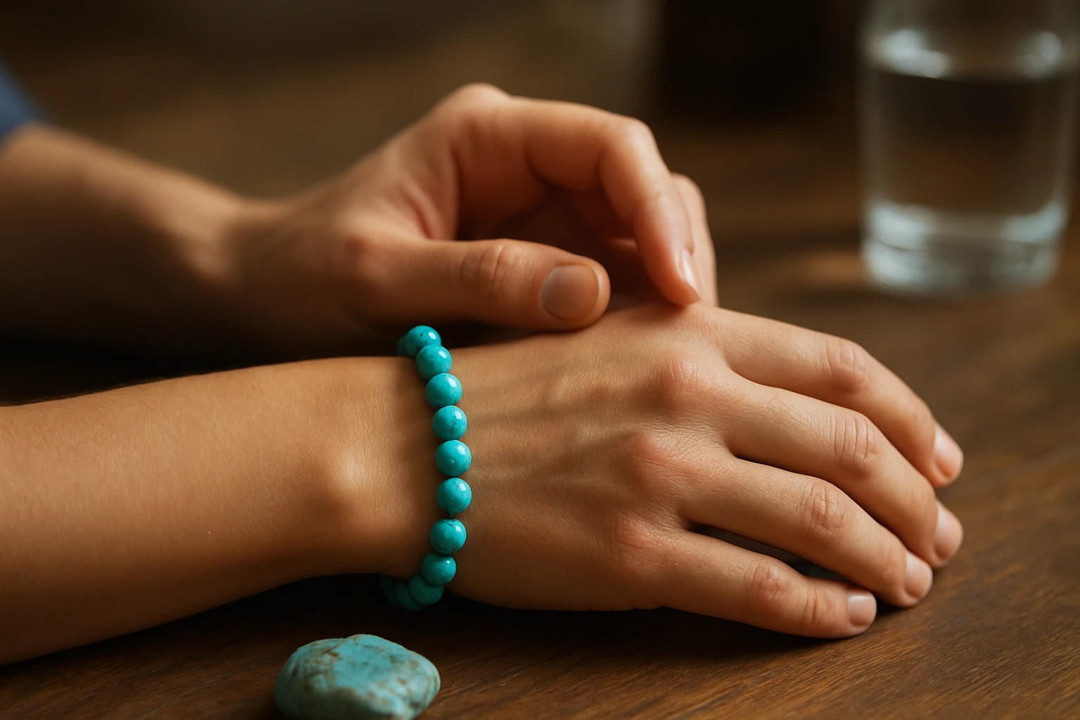 Tyrkenitový náramok a kameň na drevenom stole