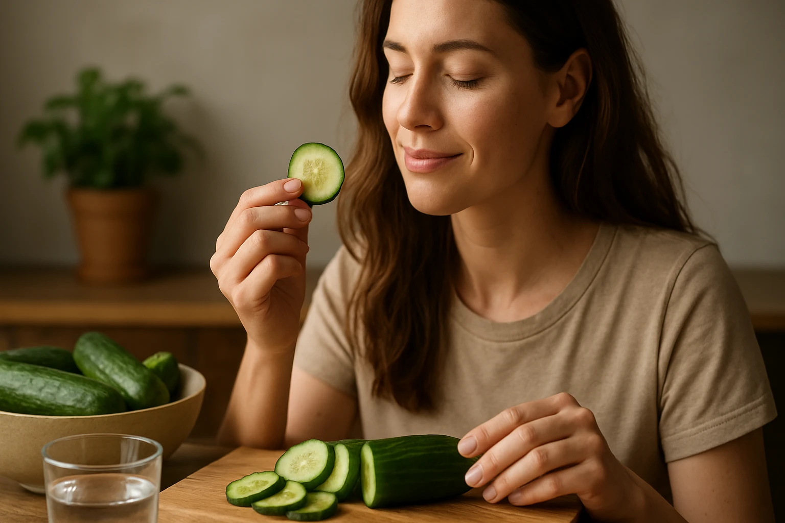 Žena si vychutnáva uhorku, symbol zdravia a osvieženia