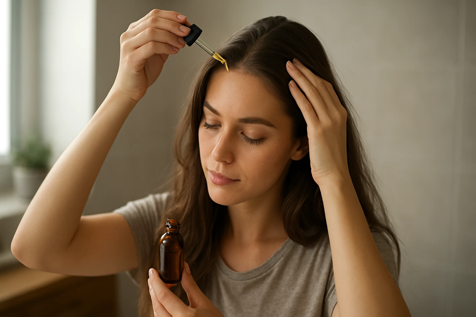 Žena aplikuje švédske kvapky na vlasy pre zdravší vzhľad.